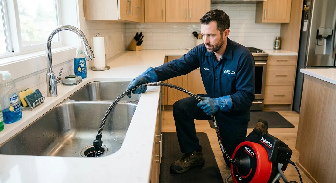 Drain cleaning technician using a motorized snake on a kitchen sink in Munhall