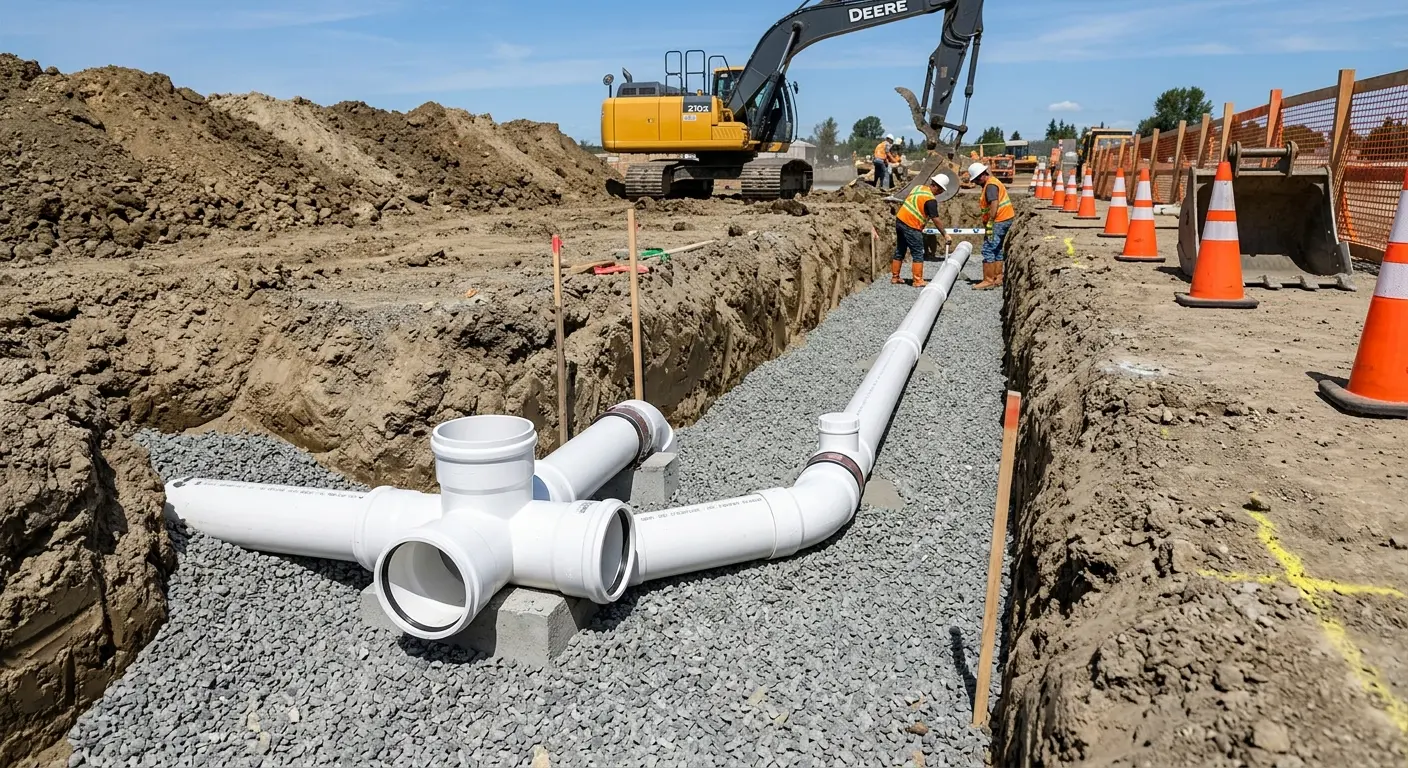 New PVC sewer pipe installation in open trench for Commercial Drain Cleaning in Munhall