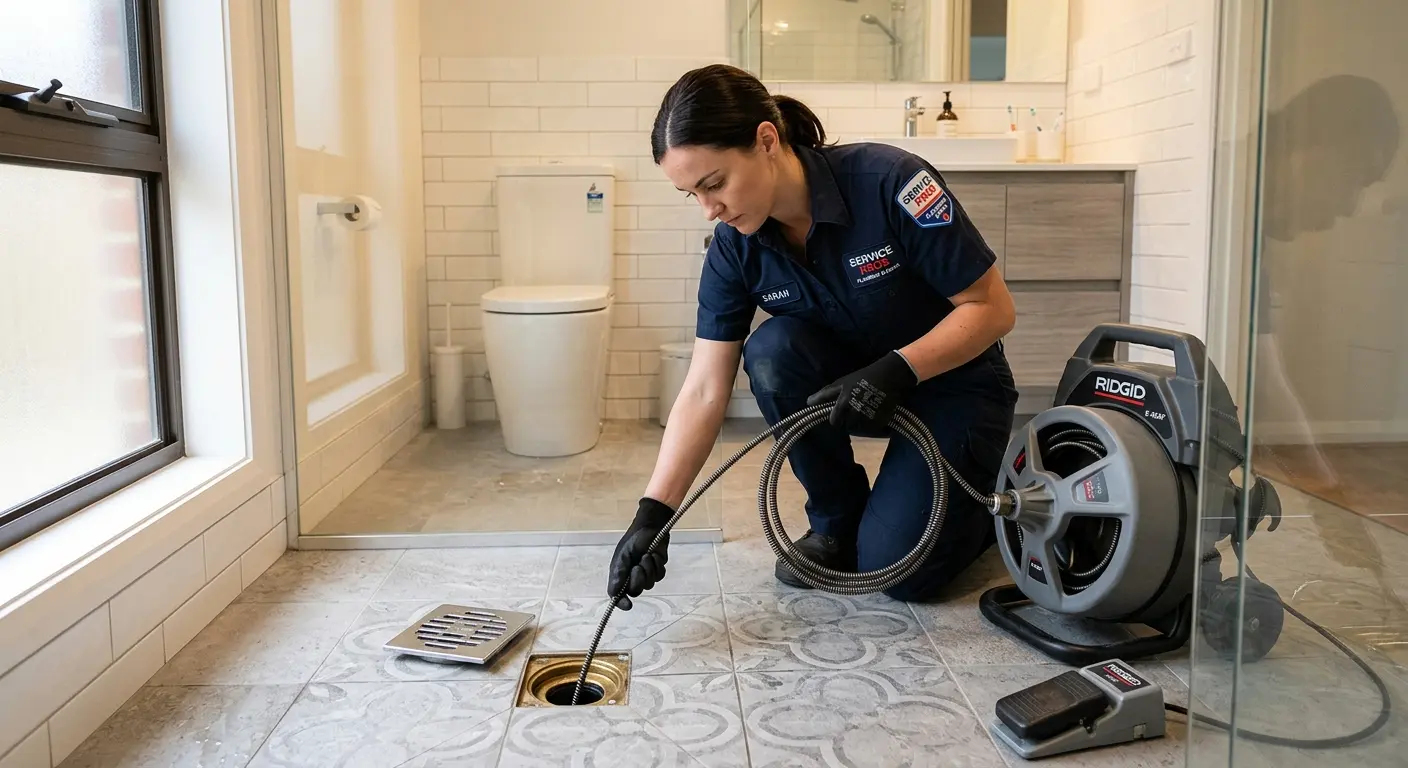 Technician clearing a bathroom floor drain for Sewer Line Replacement in Munhall